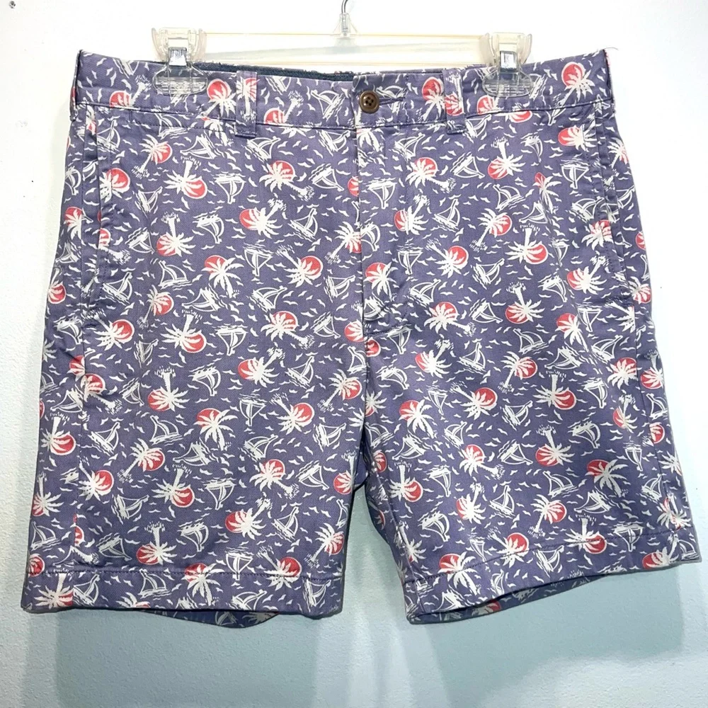 J.Crew Men's Stanton Purple Palm Tree Sunset Flat Front Cotton Shorts Size 32